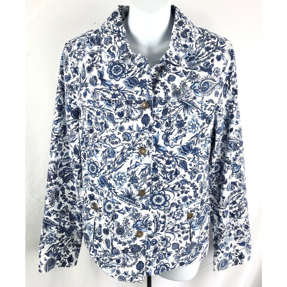 Charter club jacket L Blue/wht Floral Button Up Pockets Shacket CottageCore Boho